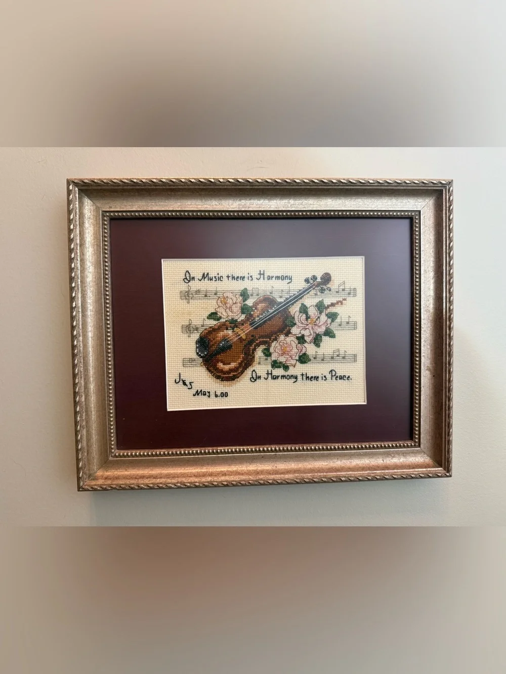 Framed Violin Cross-Stitch Wall Art - Brown